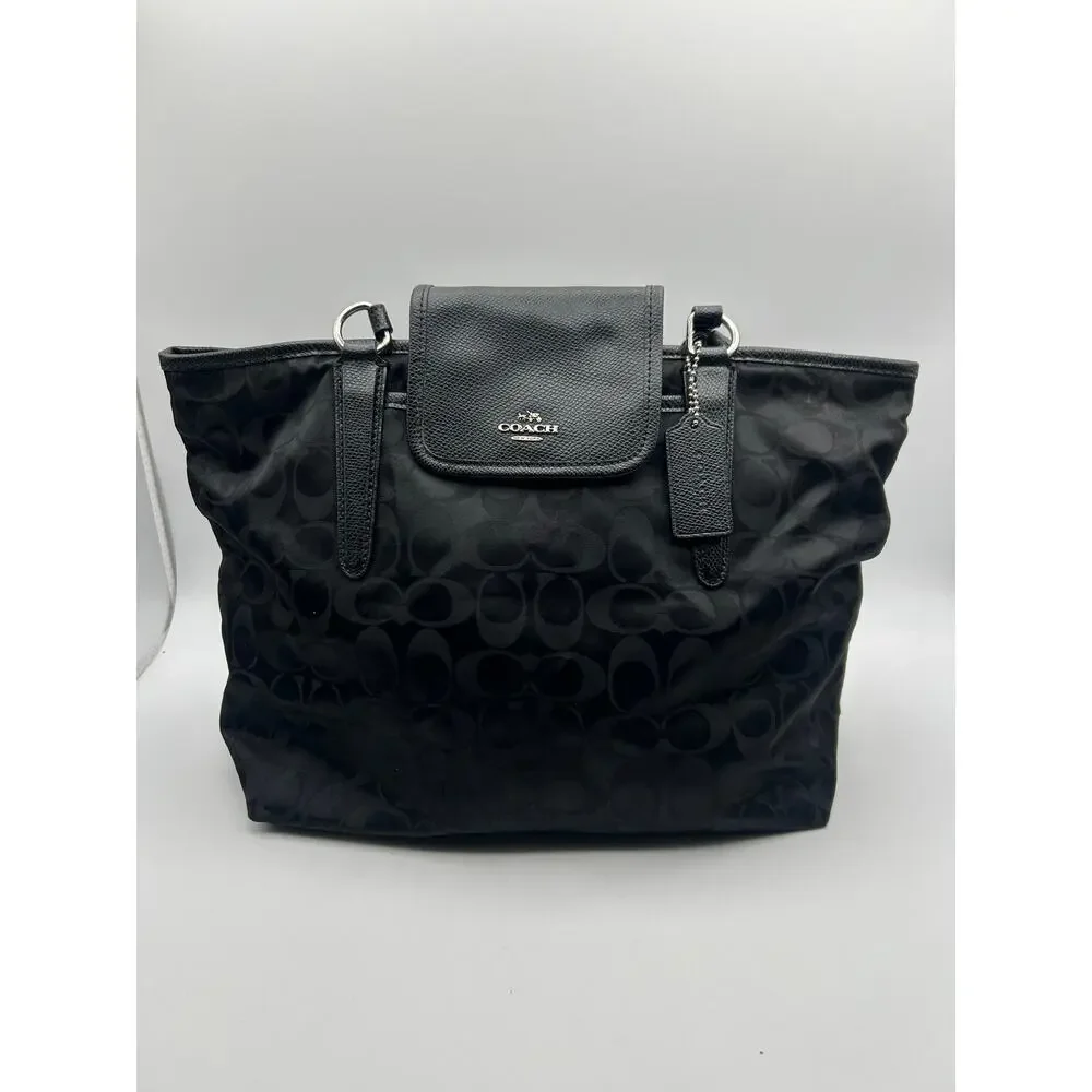 Coach Black Signature C Nylon Tote Leather Trim Shoulder Bag Large Handbag - Picture 1 of 7
